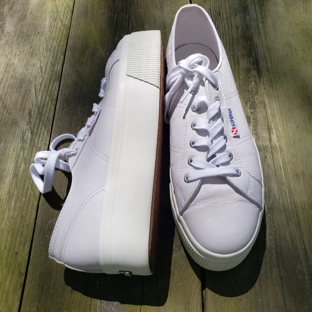 Superga White Leather Platform Sneakers - Picture 2 of 8
